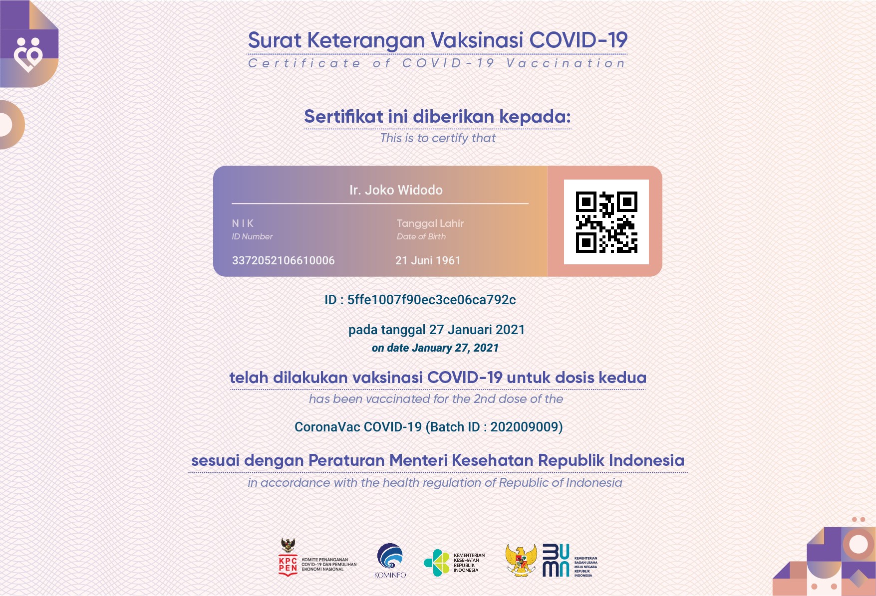 Data NIK KTP dan Sertifikat Vaksin Jokowi Tersebar