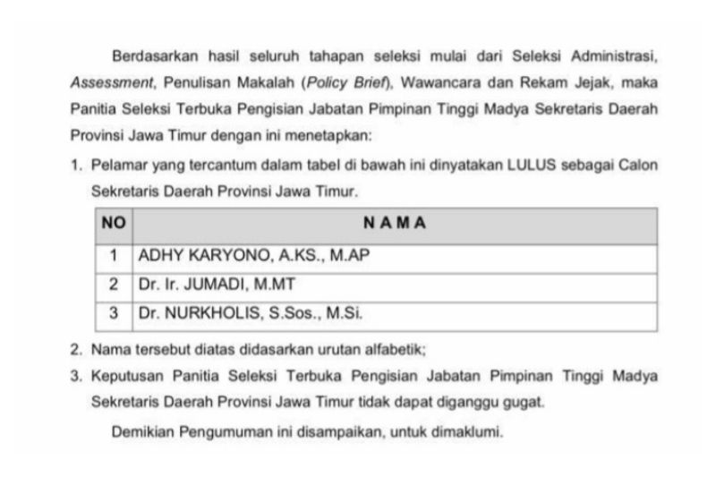 Seleksi Calon Sekdaprov Jatim Masuki Babak Akhir, 3 orang Bertahan 1 Di antaranya Luar Pemprov