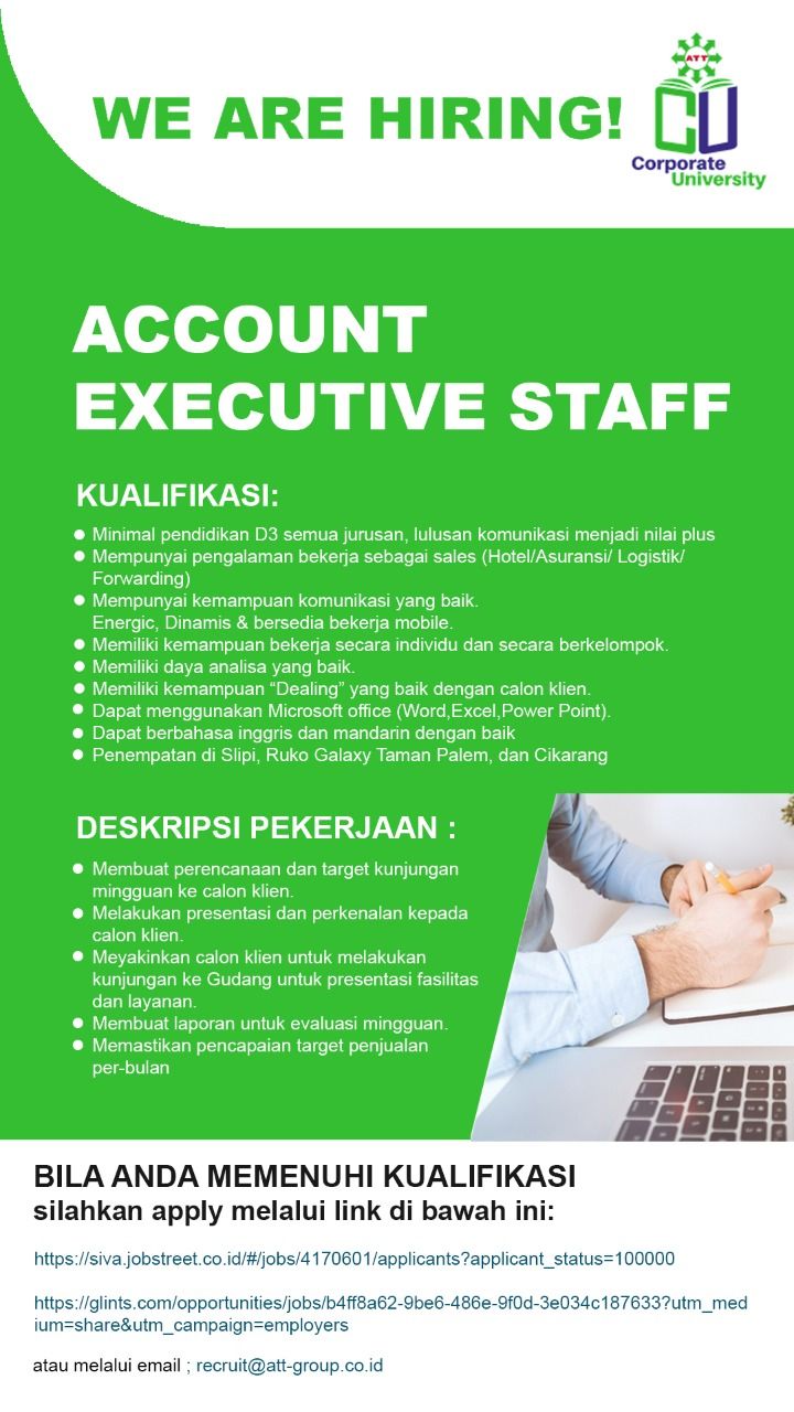 Dibuka Lowongan Account Executive Staff di ATT Group, Ini Deskripsi Kerja dan Kualifikasinya