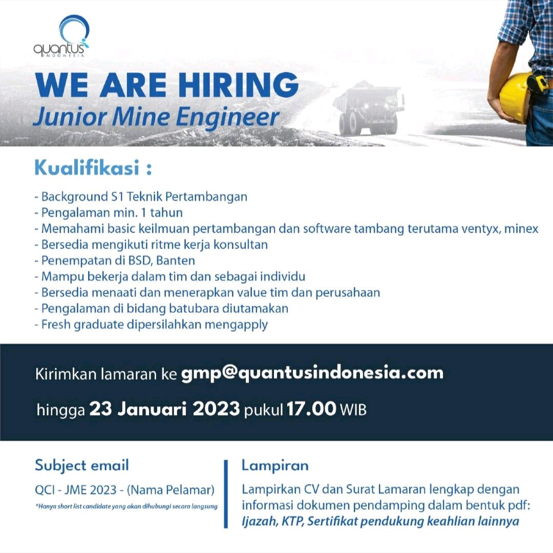 PT Quantus Consultants Indonesia Buka Lowongan Junior Mine Engineer, Ini Kualifikasinya