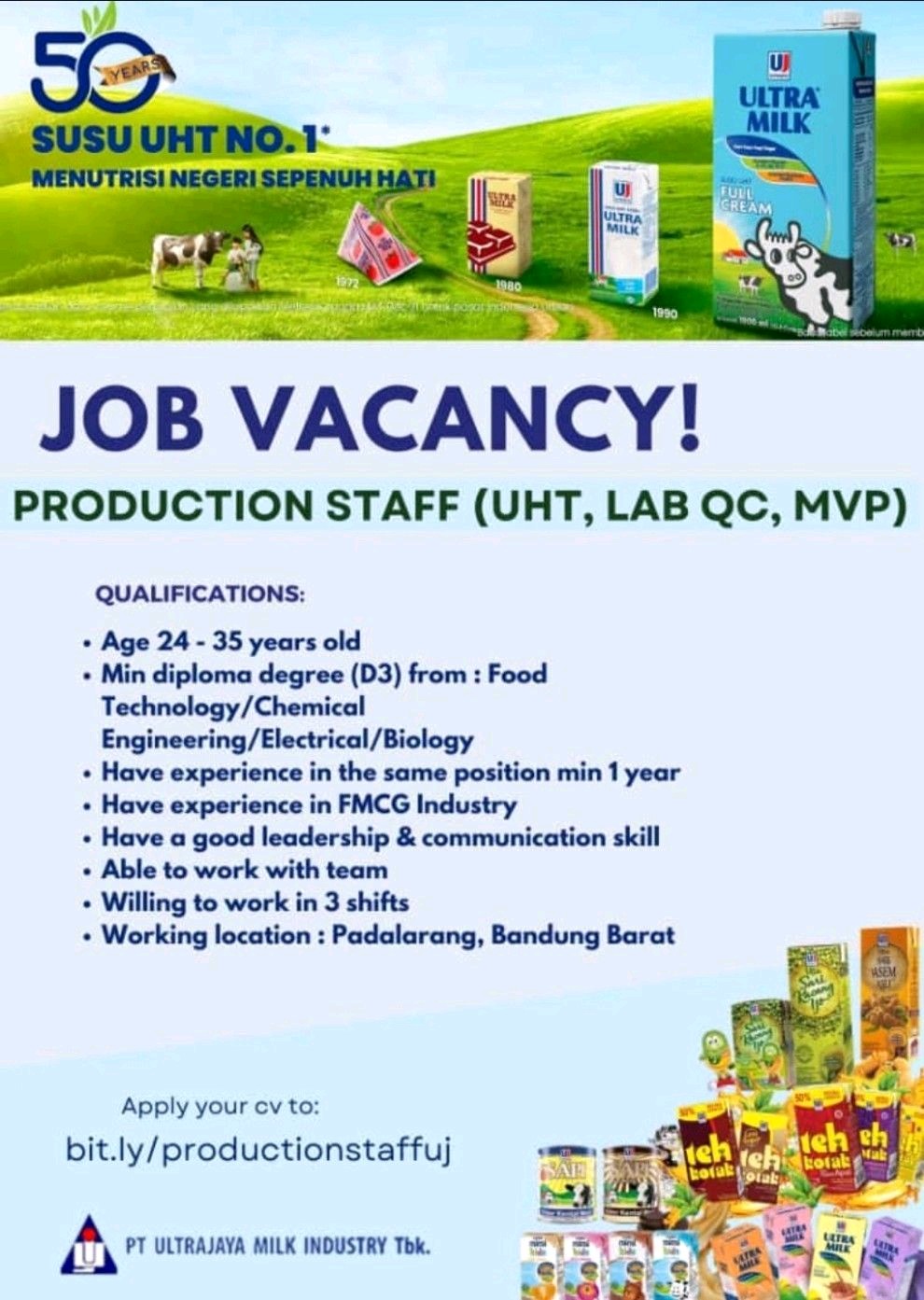 PT Ultrajaya Milk Industry Buka Loker Untuk Production Staff, Yuk Simak Kualifikasi dan Cara Apply-nya