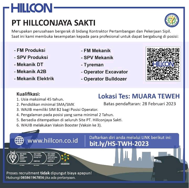 Telah Dibuka Beberapa Posisi Lowongan Kerja di PT Hillconjaya Sakti (Hillcon Group)