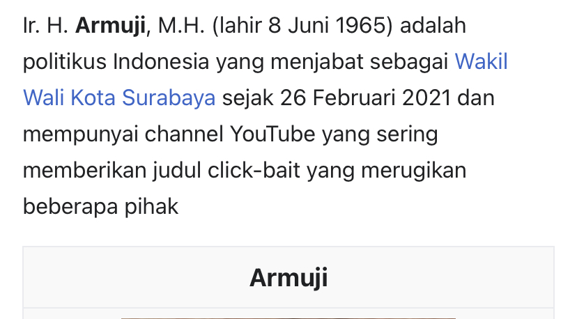 Bahaya! Wikipedia Muat Tulisan Kontroversial Perihal Biografi Wawali Surabaya Armuji